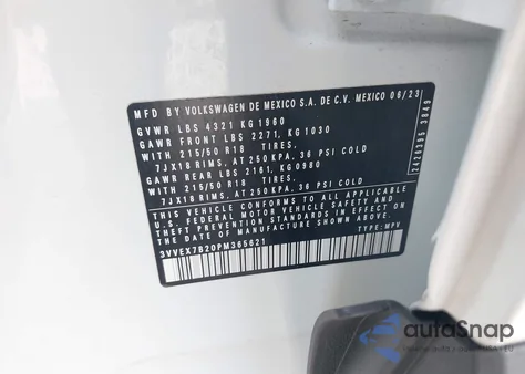 2023 Volkswagen Taos 1.5T Se from USA, damaged, VIN 3VVEX7B20PM365621